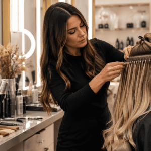 Professional stylist applying extensions during Hair Extension Course practical training