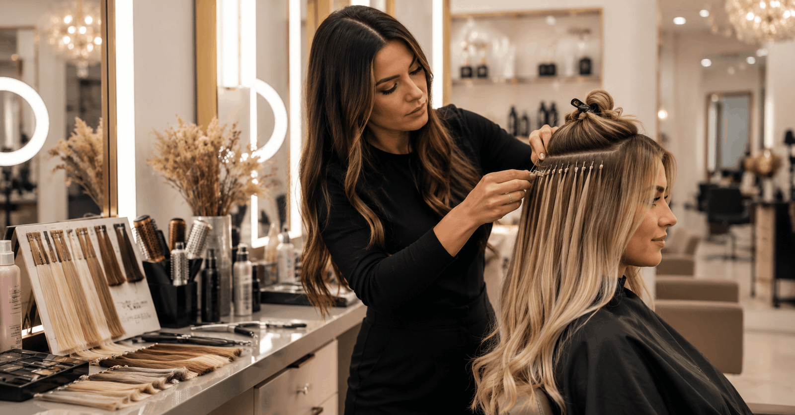 Professional stylist applying extensions during Hair Extension Course practical training