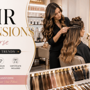 Professional stylist applying hair extensions during a hair extensions course training session