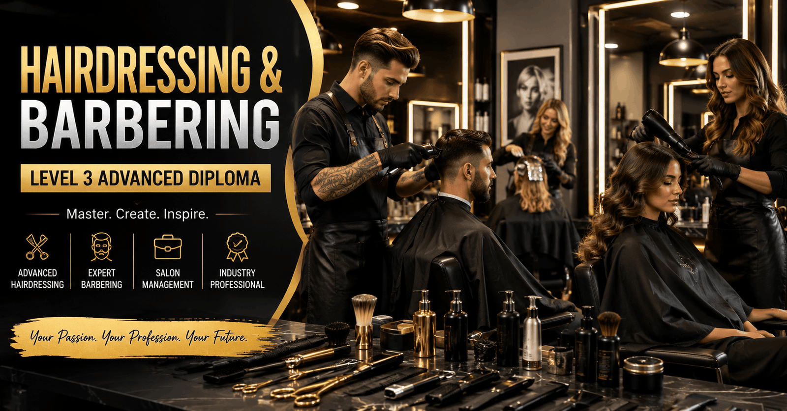 Professional hairstylist and barber performing advanced hairdressing and barbering techniques in a modern salon