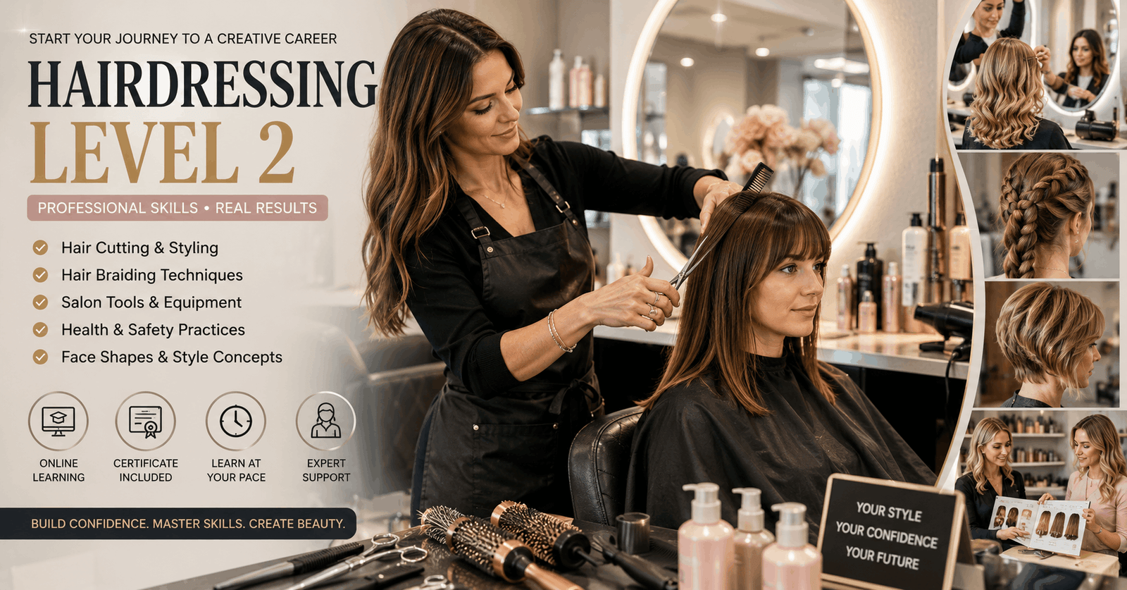 Hairdressing Course showing professional hairstylist cutting and styling hair in a modern salon