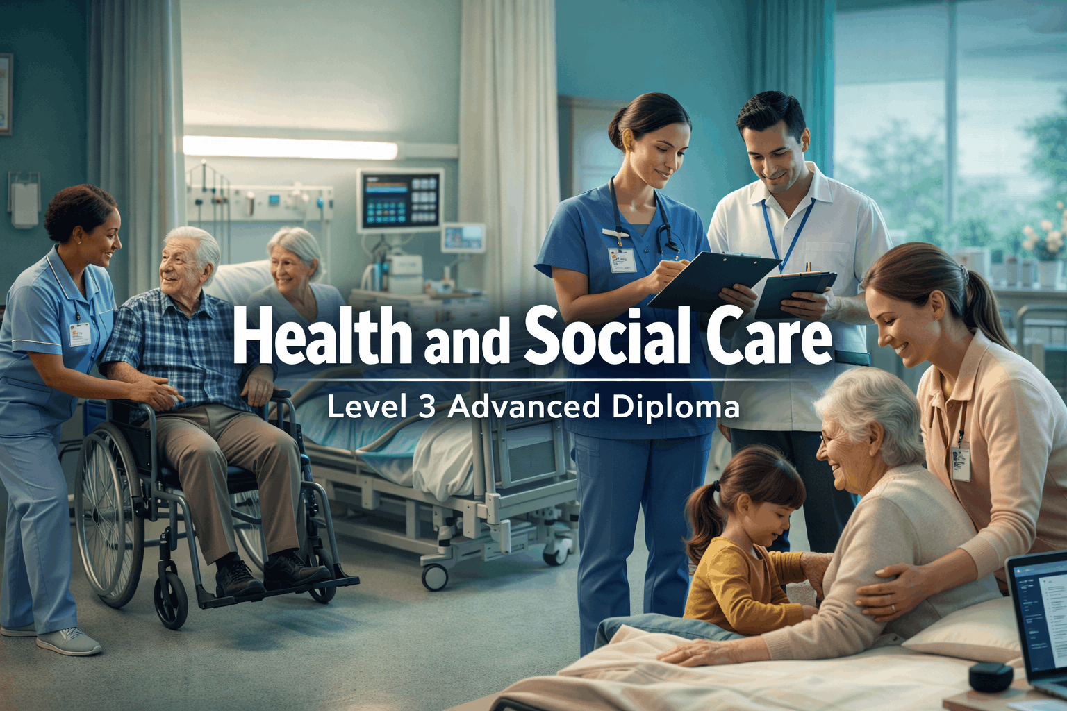 Health and social care training showing carers supporting patients in a professional clinical and community care environment