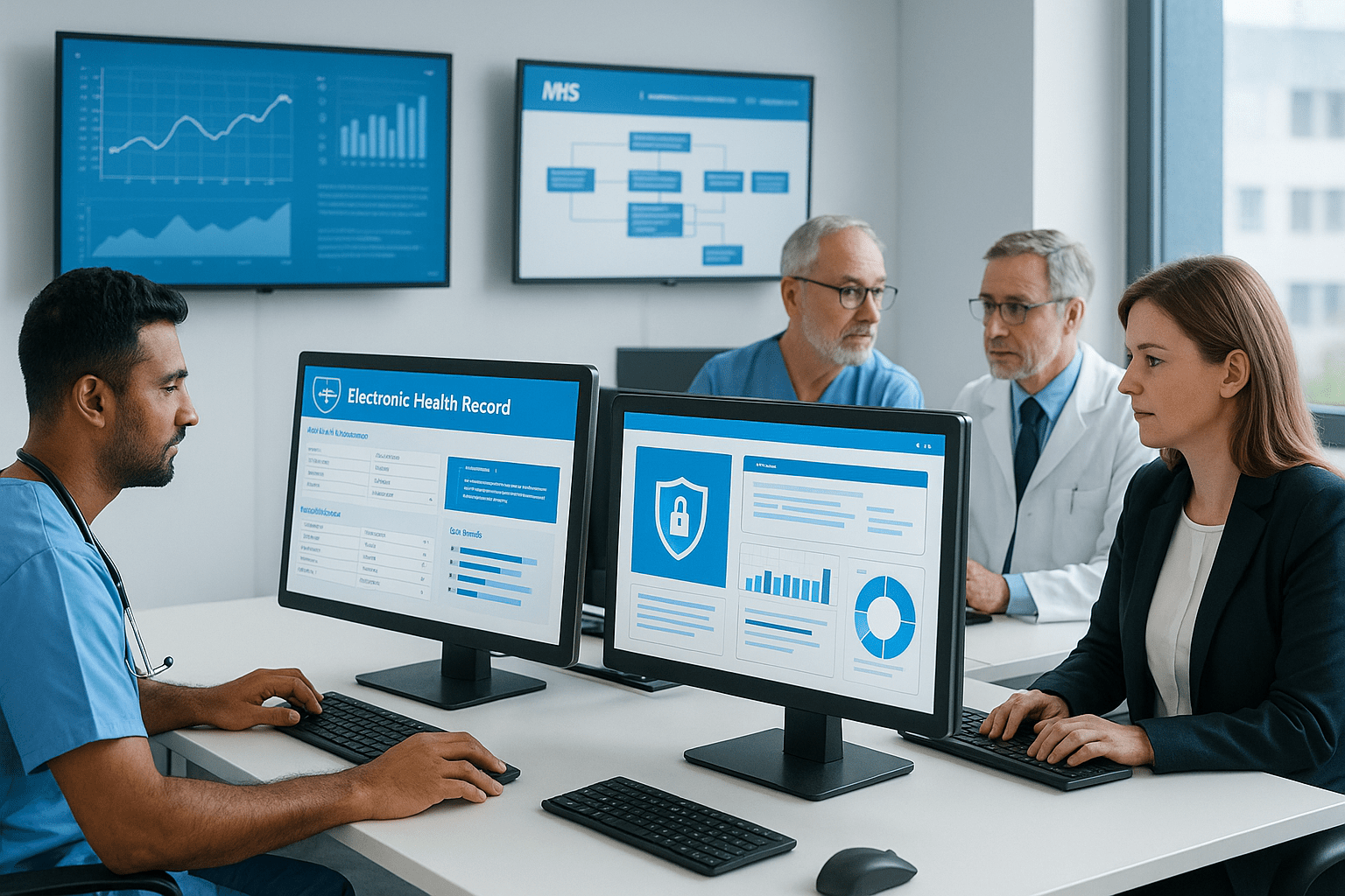 Healthcare information systems course banner showing UK healthcare IT, EHR screens, and data security visuals.