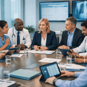 Healthcare leadership ethics training showing medical leaders in an ethical decision-making meeting