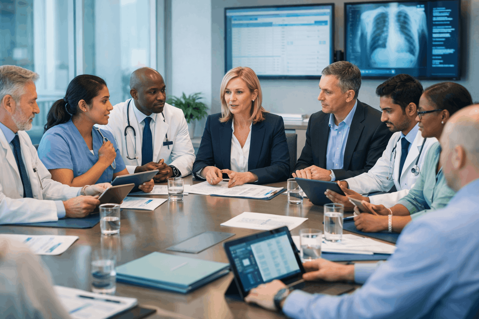 Healthcare leadership ethics training showing medical leaders in an ethical decision-making meeting