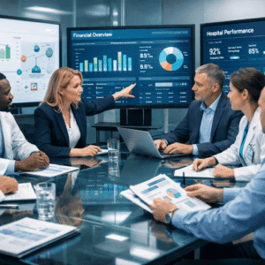 Professional team planning hospital operations in a Healthcare Management Course training environment in the UK