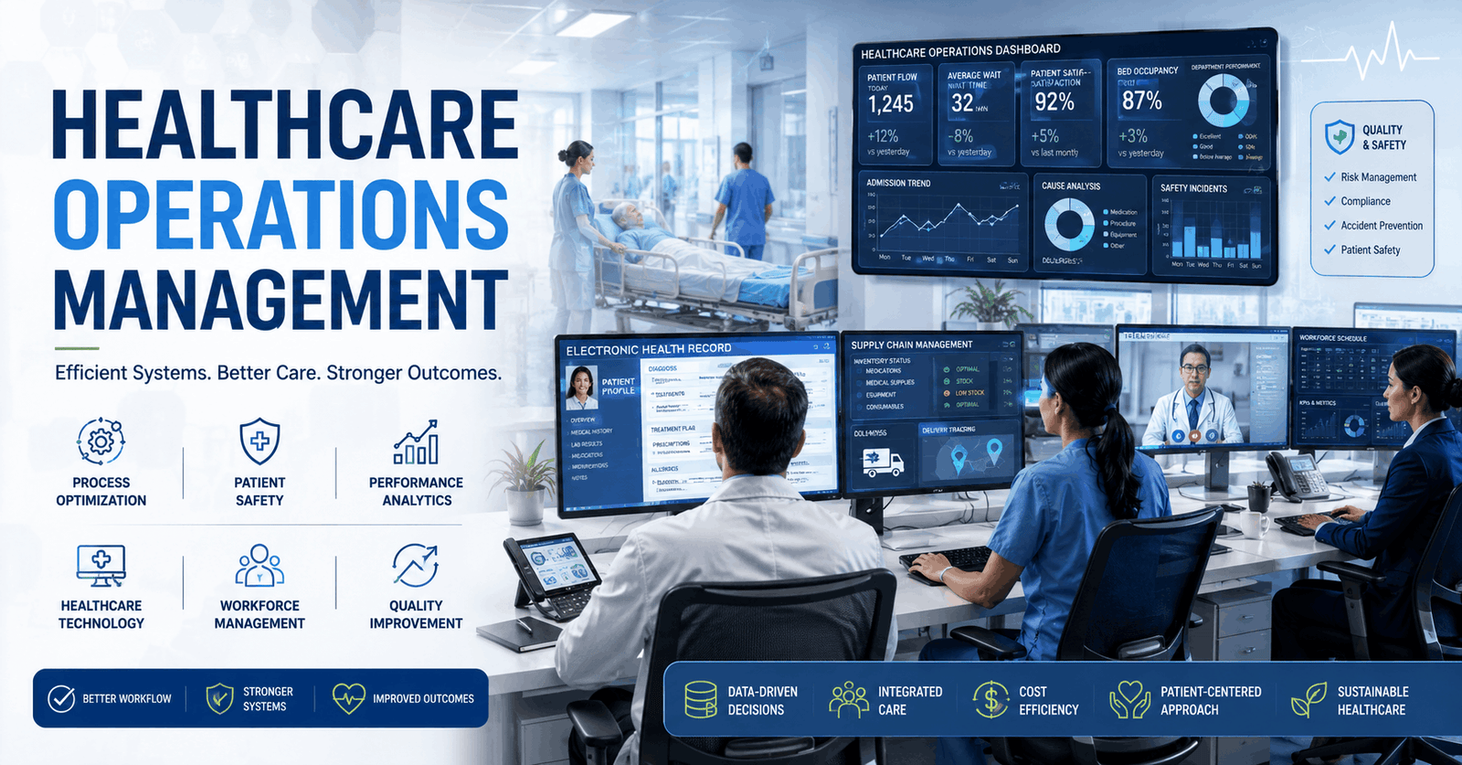 Healthcare operations management professionals analysing hospital systems and patient care processes