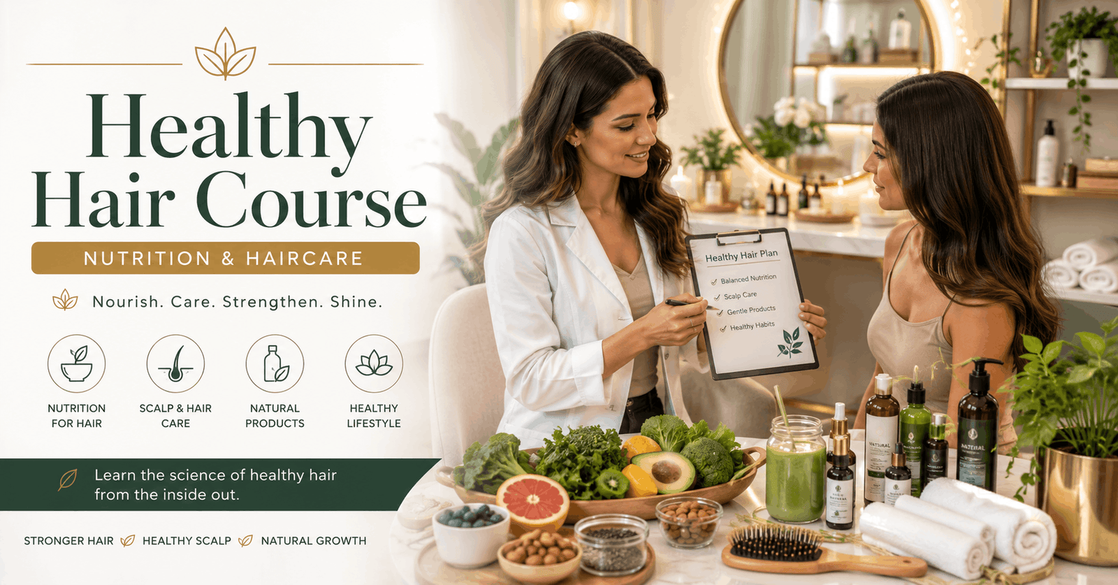 Woman following a healthy hair course with nutrition guidance and professional haircare routine