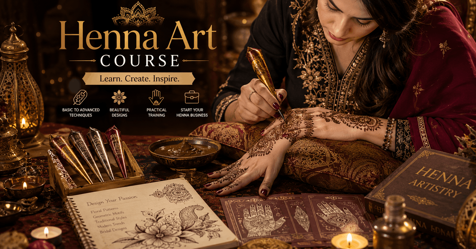 Professional henna artist creating elegant hand designs during a Henna Art Course training session