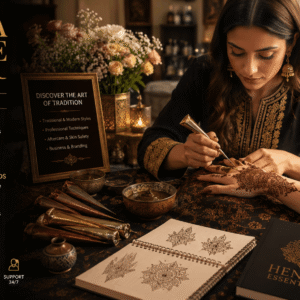 Professional henna artist creating intricate patterns during a Henna Course Online training session