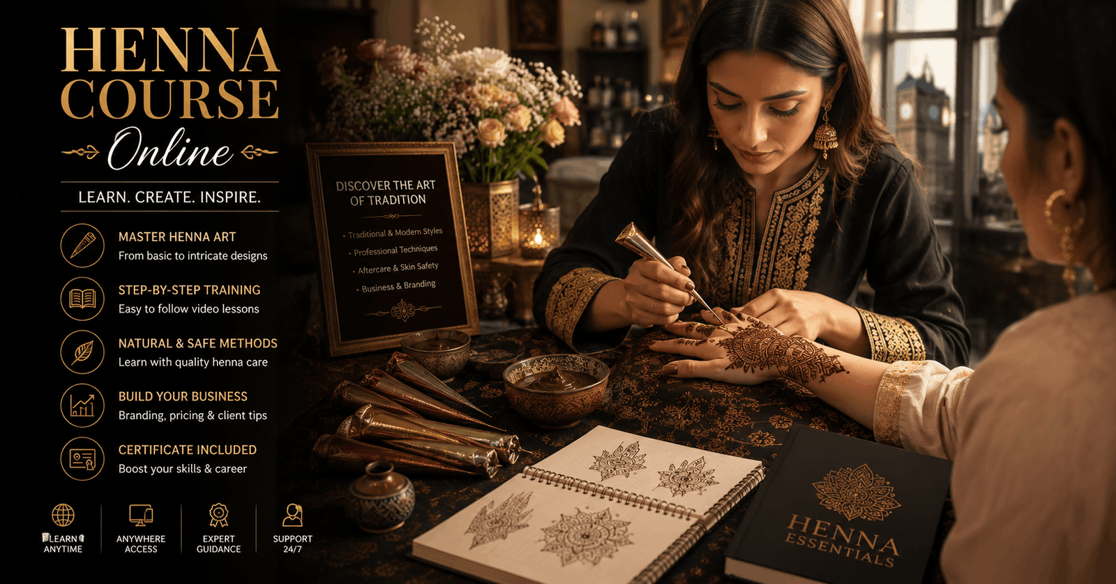 Professional henna artist creating intricate patterns during a Henna Course Online training session