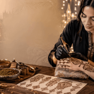 Student creating elegant floral mehndi patterns in a professional Henna Design Course setting