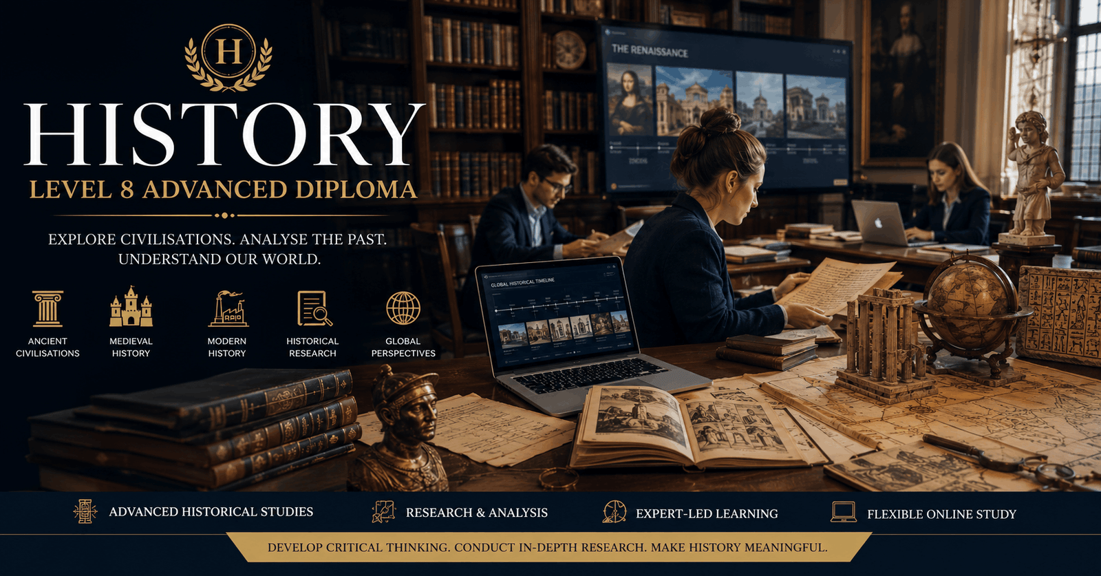 History Diploma learners studying world history, ancient civilisations, and historical research materials
