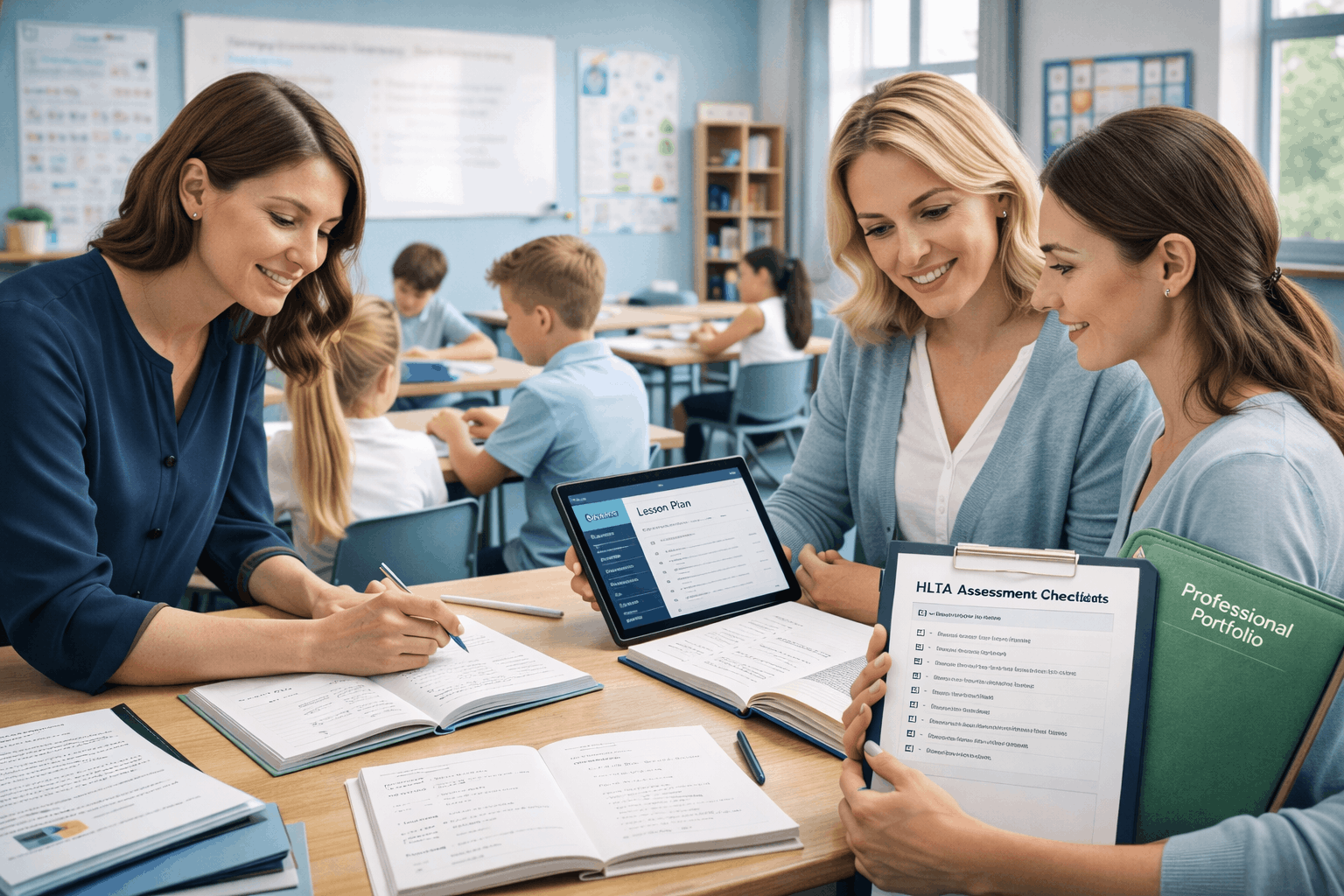 HLTA certification course showing teaching assistants supporting classroom learning and professional portfolio preparation