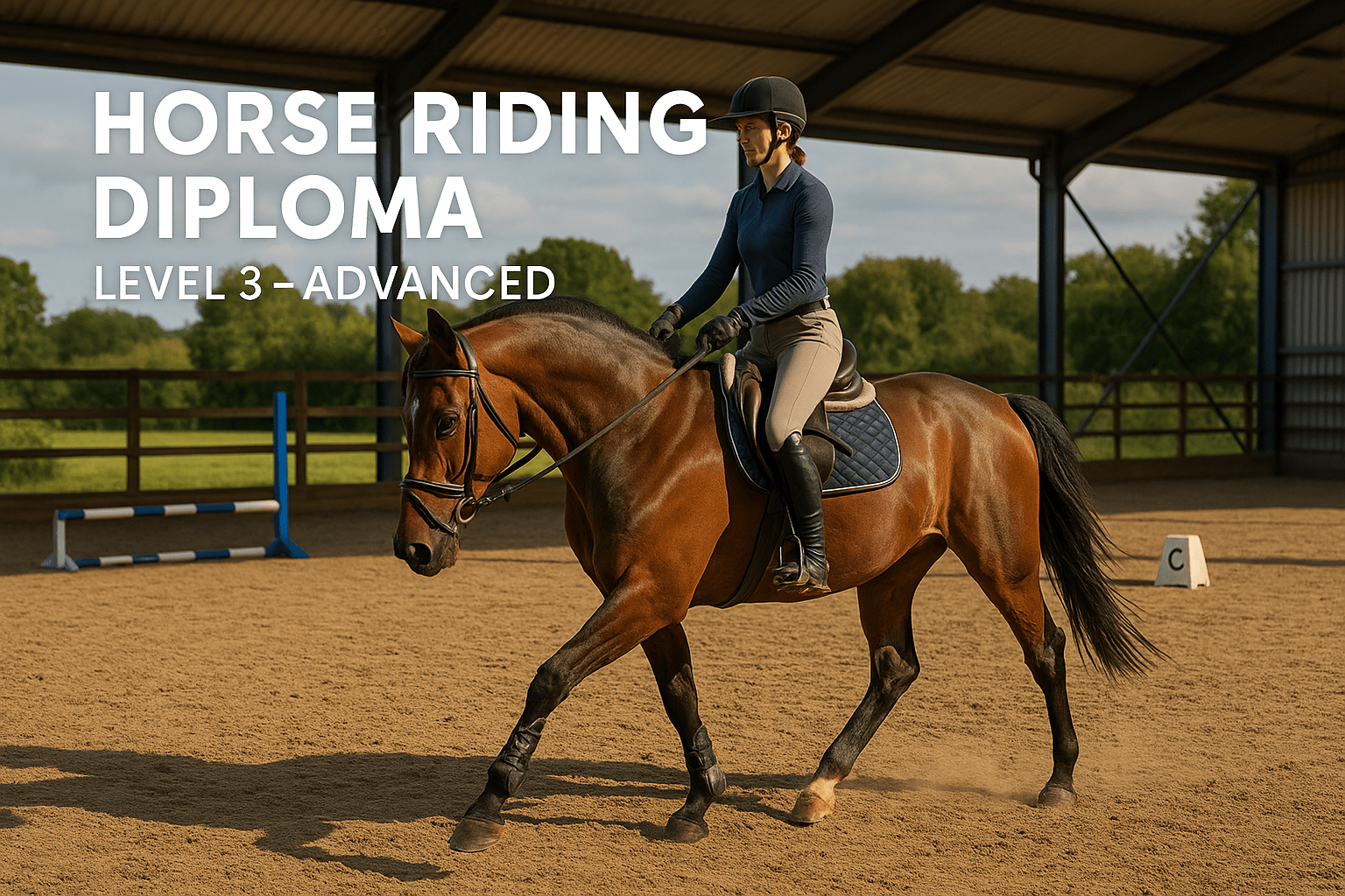 Horse Riding Diploma image showing a rider practising advanced techniques in a modern training arena.