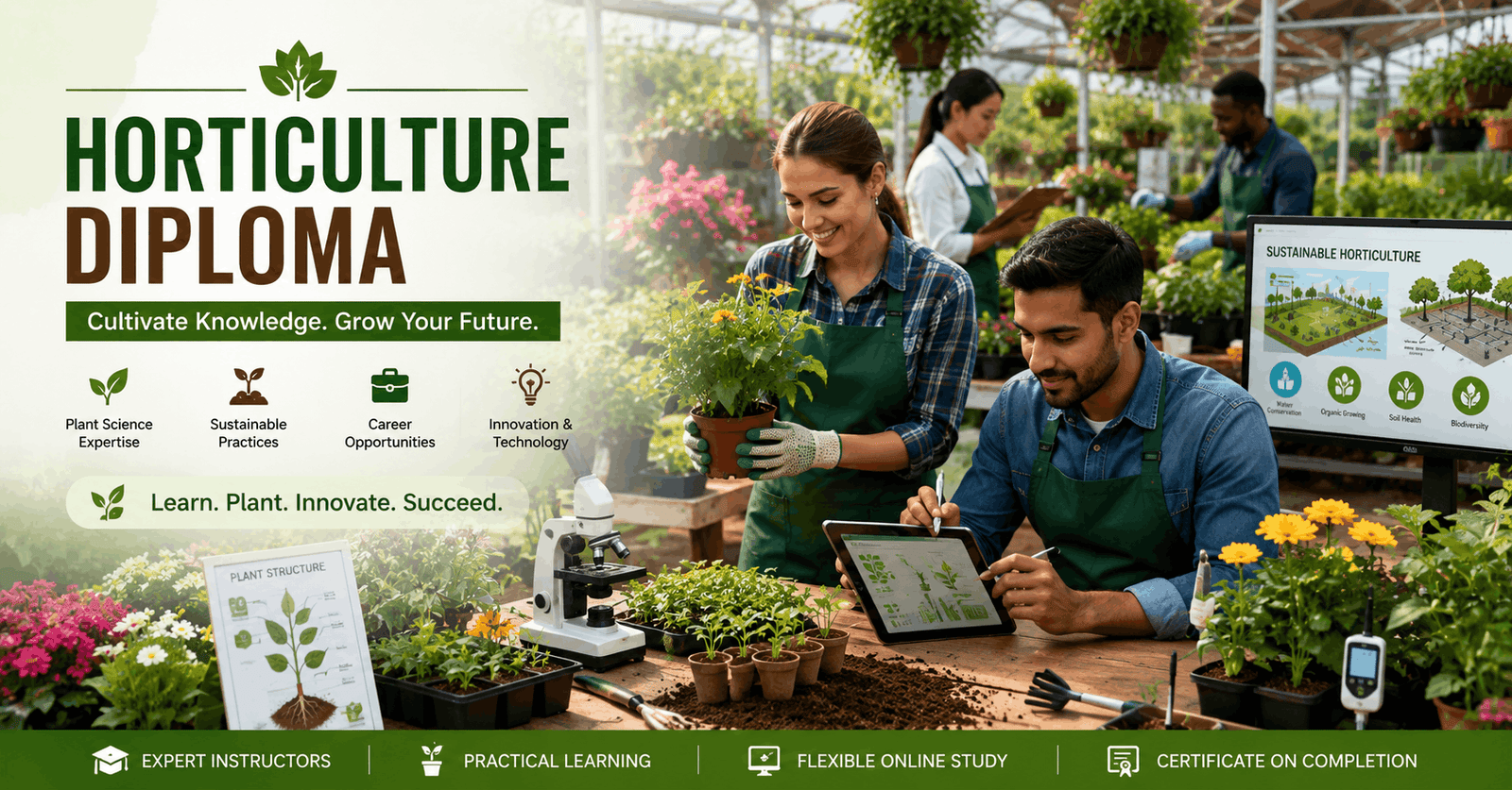 Students learning advanced gardening and plant care in a Horticulture Diploma course