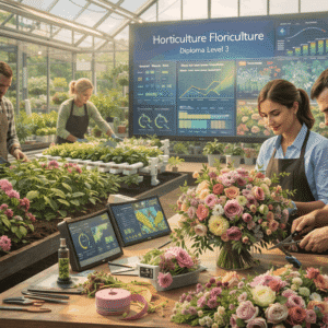 Professional horticulture floriculture diploma Level 3 training showing greenhouse, plants and floral design work