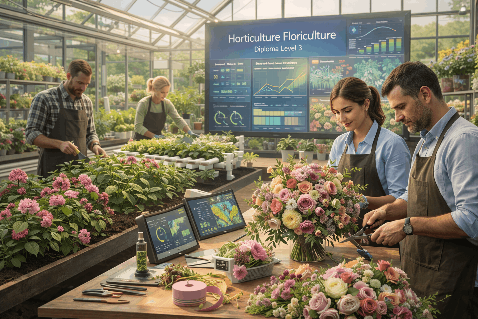 Professional horticulture floriculture diploma Level 3 training showing greenhouse, plants and floral design work