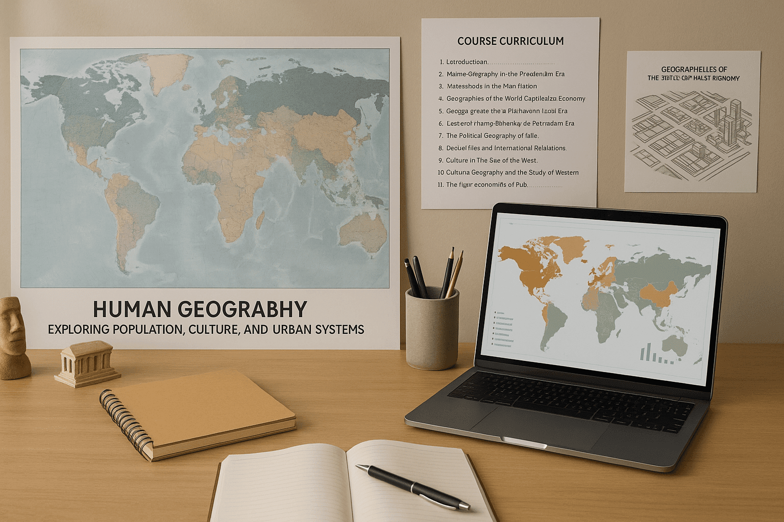 Modern human geography course image showing maps, cultural icons, and urban systems in a clean academic workspace.