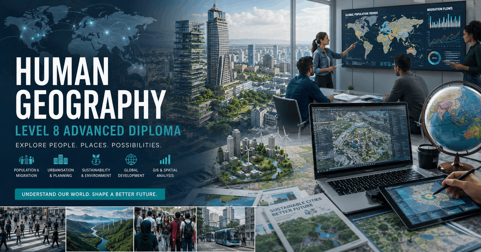 Human Geography Diploma course showing urban development, migration mapping, and global geographic analysis
