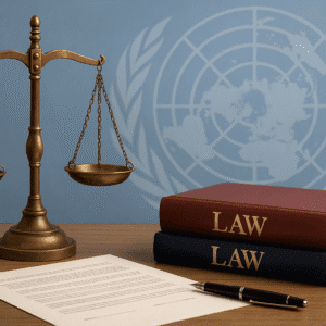 Scales of justice, legal books and a UN-style backdrop representing the Human Rights Diploma Level 3.