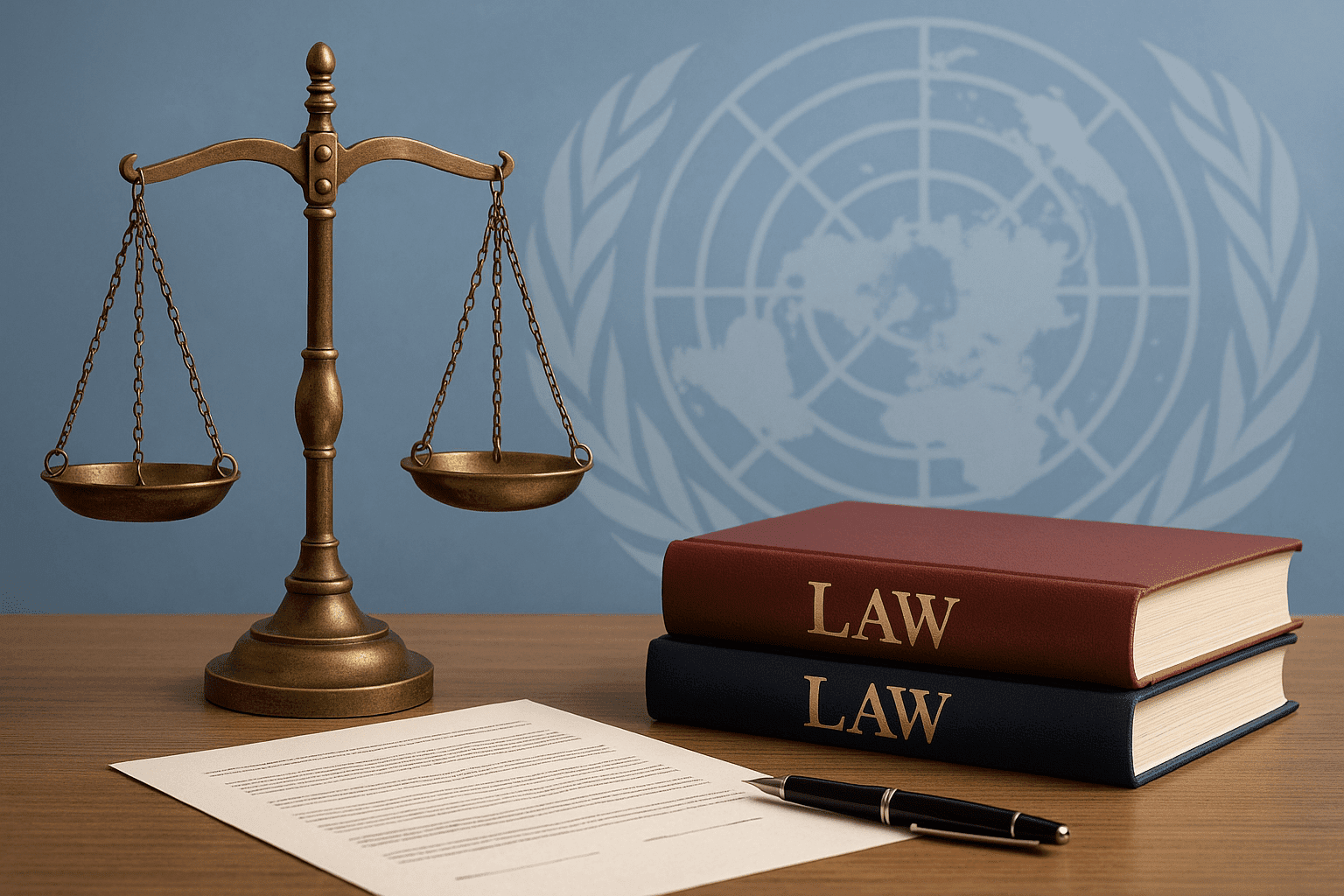 Scales of justice, legal books and a UN-style backdrop representing the Human Rights Diploma Level 3.