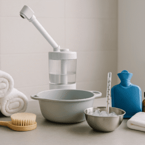 Professional hydrothermal therapy training scene with spa equipment and warm–cold treatment tools.