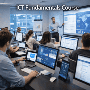 ICT fundamentals course students learning computers, software and internet skills in a modern digital classroom