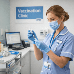 Immunisation nurse training showing a healthcare professional preparing a vaccine in a modern UK clinic