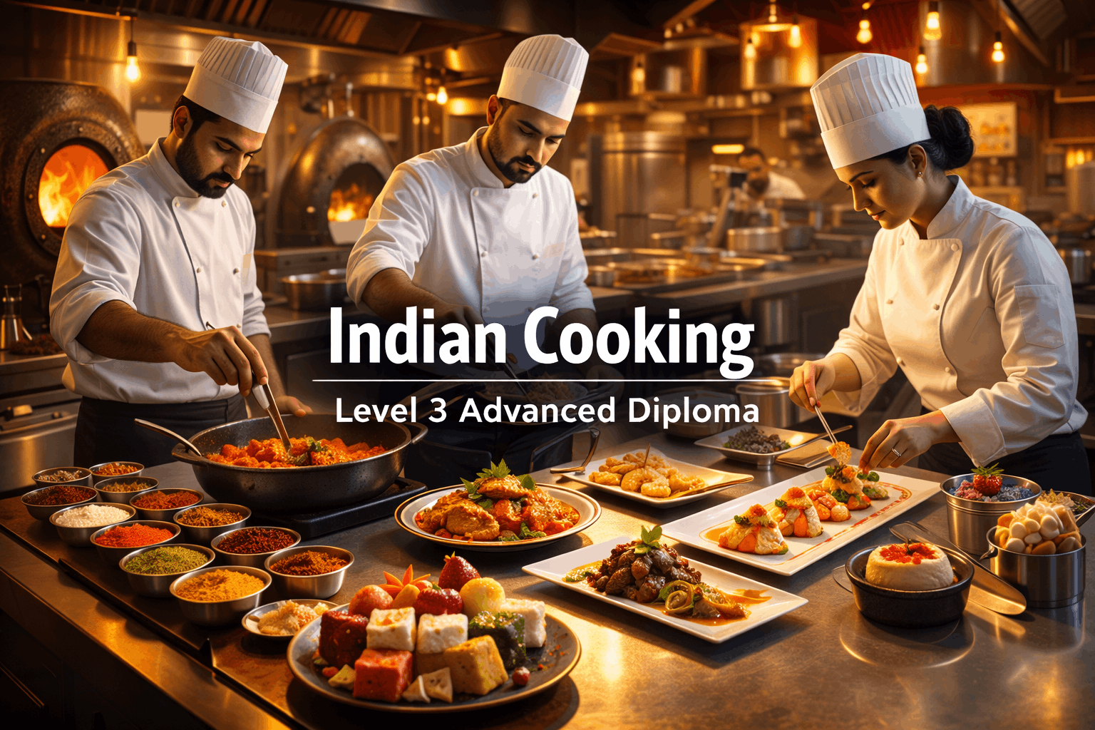 Indian cooking course training showing chefs preparing curries, spices, desserts and modern fusion Indian dishes