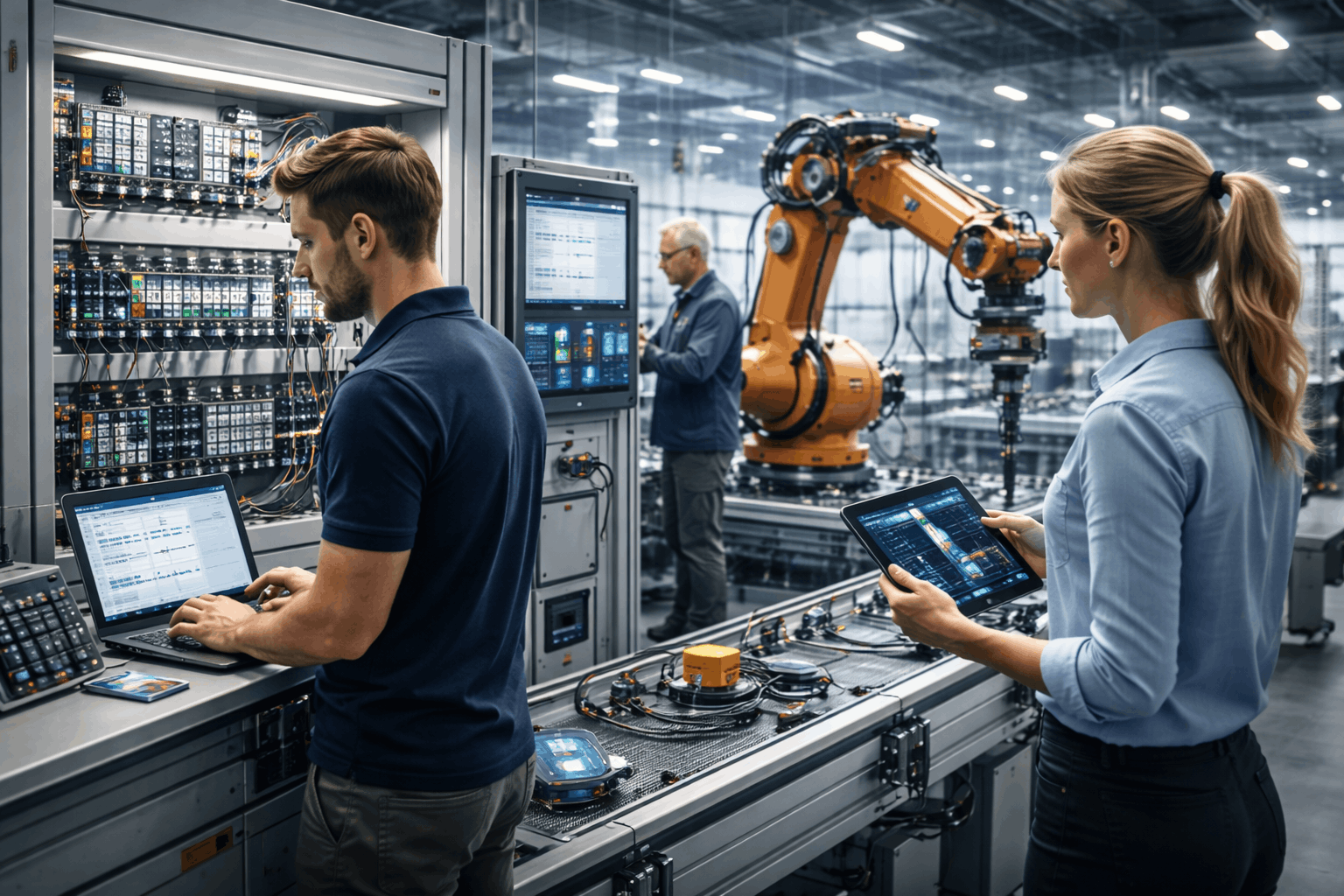 Industrial automation diploma Level 3 showing robotics, PLCs, sensors, and industrial control systems in a modern factory setting