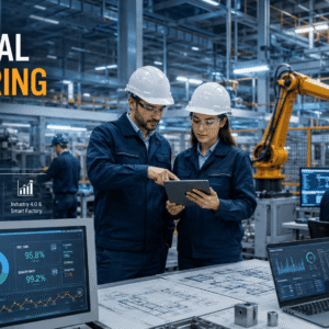Industrial engineers analysing production systems in an Industrial Engineering Course environment