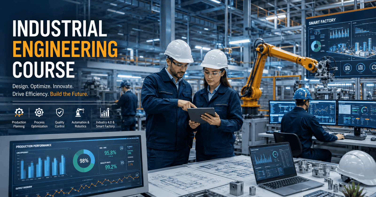 Industrial engineers analysing production systems in an Industrial Engineering Course environment