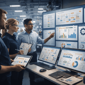 Industrial Engineering Diploma showing process optimisation, data analysis, and production planning in a modern industrial setting
