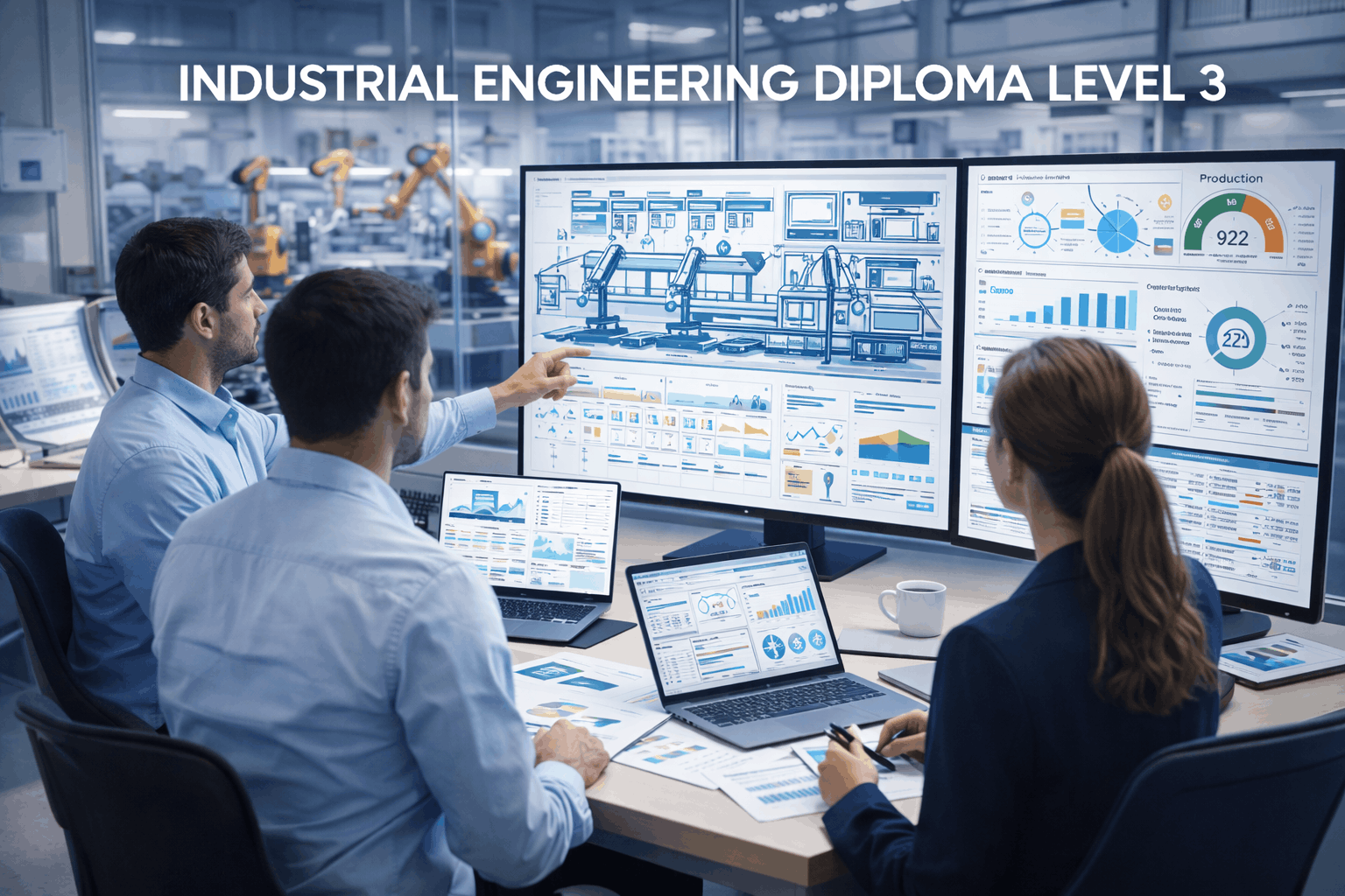 industrial engineering diploma showing engineers reviewing factory processes, automation systems and production data