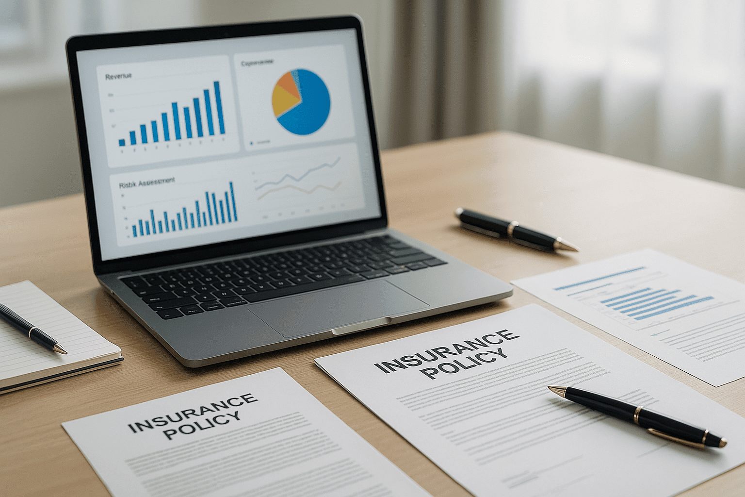 Professional office desk with documents, charts, laptop and tools representing an insurance broker diploma.