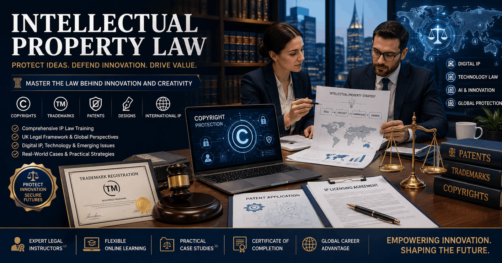Legal professional studying Intellectual Property Law documents, trademarks, and digital copyright protection