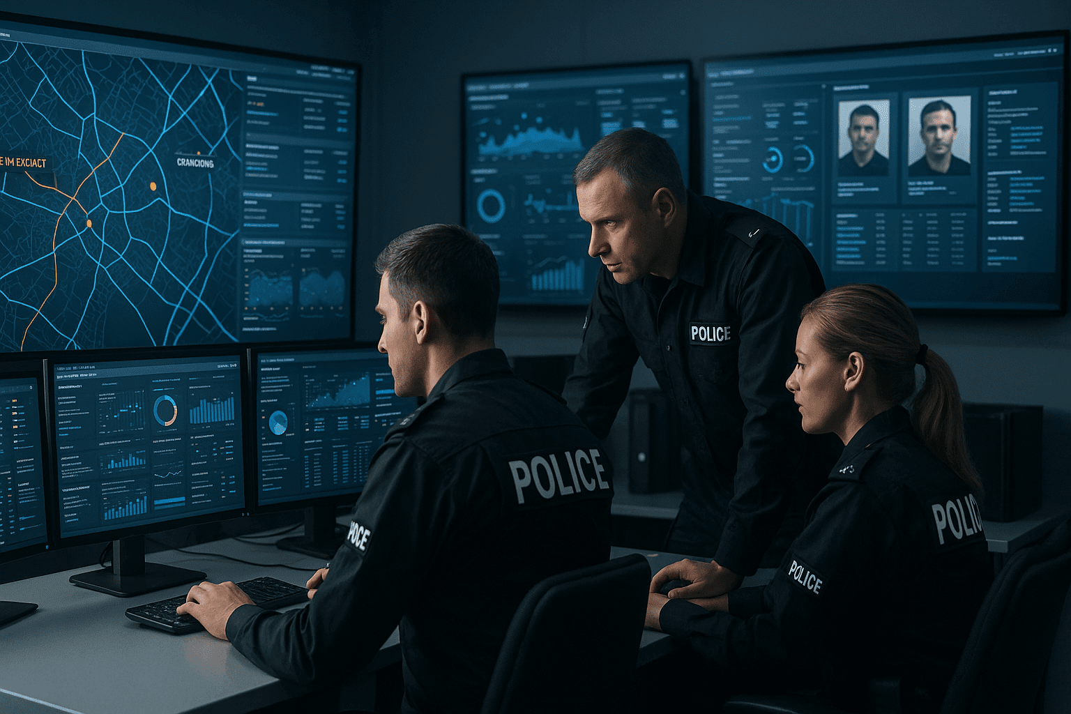 Police analysts reviewing digital crime data on screens, showing intelligence analysis techniques for modern policing.