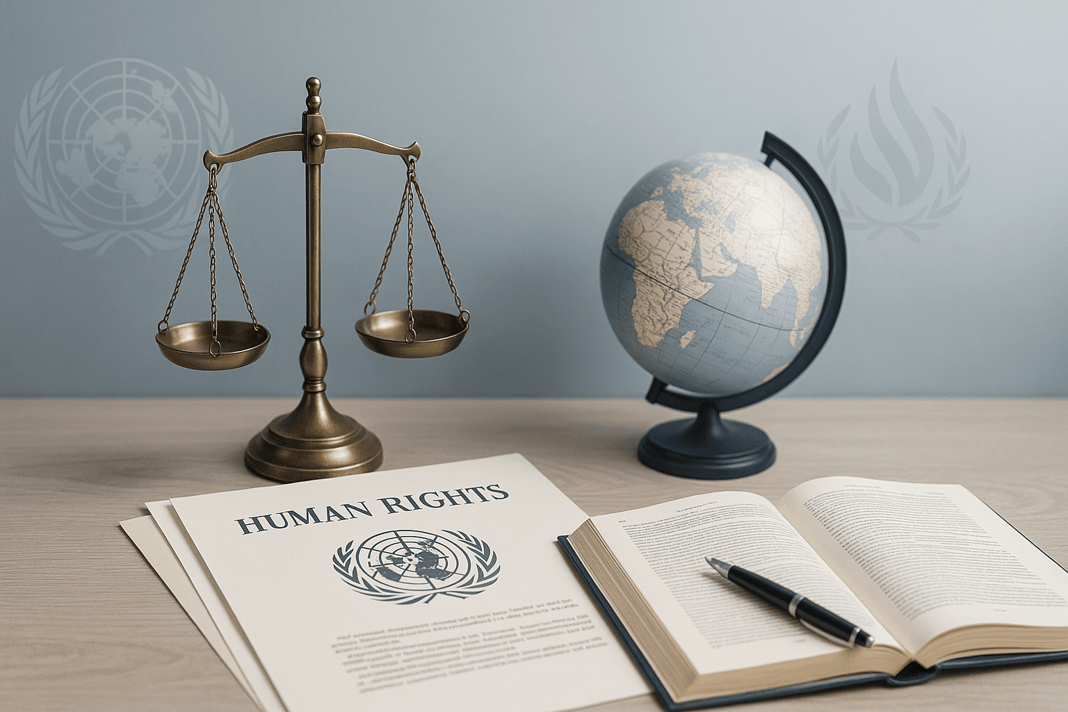International human rights law course image showing scales of justice, UN symbols, and global legal themes.