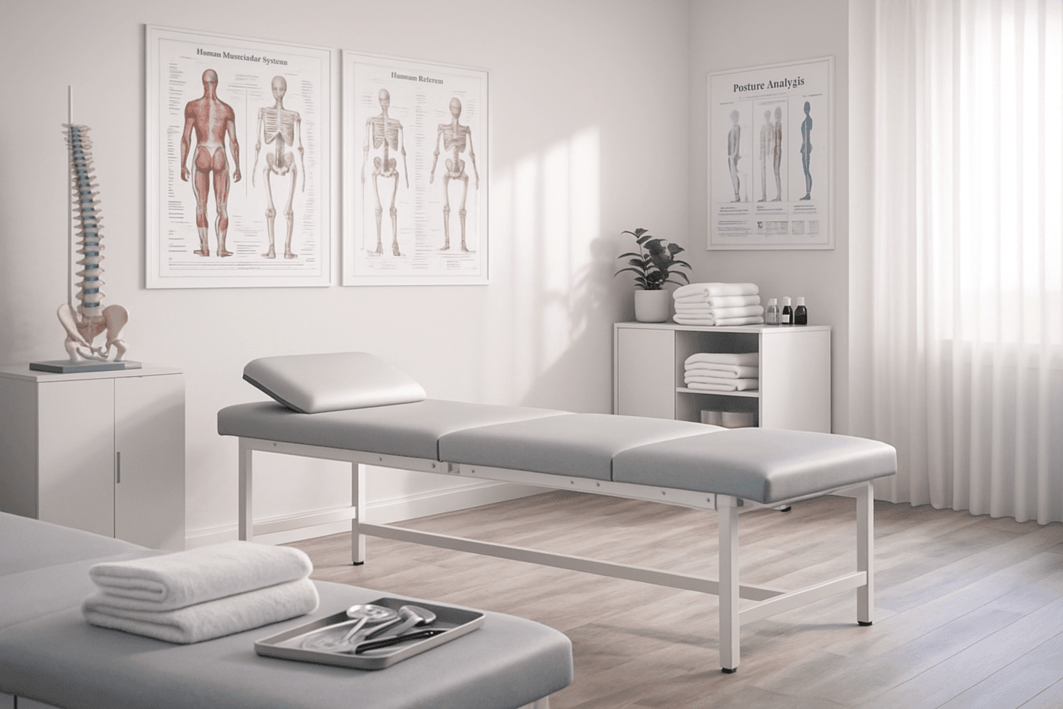 Professional osteopathy workspace with treatment table, anatomy charts and tools for an introduction to osteopathy course.