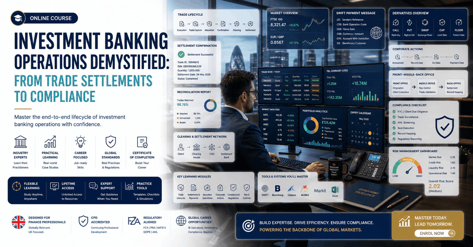 Professional Investment Banking Operations course featuring trade lifecycle, settlements, compliance, derivatives, and financial markets.