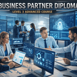 IT Business Partner Diploma Level 3 learners analysing digital strategy and business systems in a modern corporate training environment
