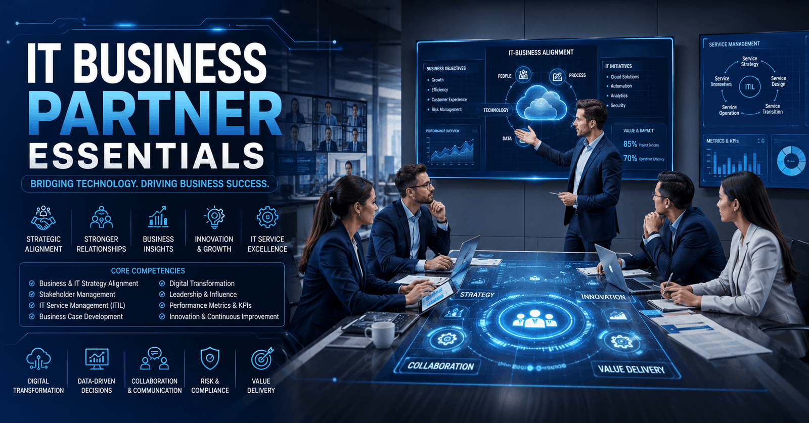 IT business partner professionals collaborating on digital strategy and business technology planning