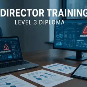 IT director training workspace with laptops, dashboards, strategy documents, and modern leadership tools on a professional desk.