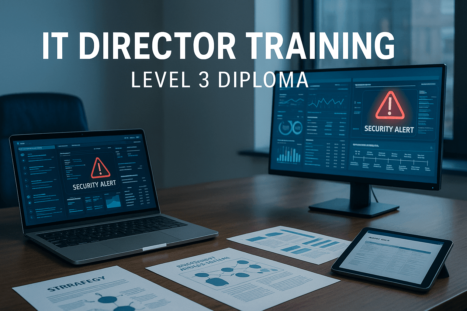 IT director training workspace with laptops, dashboards, strategy documents, and modern leadership tools on a professional desk.
