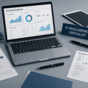 A modern workspace with IT procurement tools, vendor documents, budgeting sheets, and a laptop representing an IT procurement specialist environment.