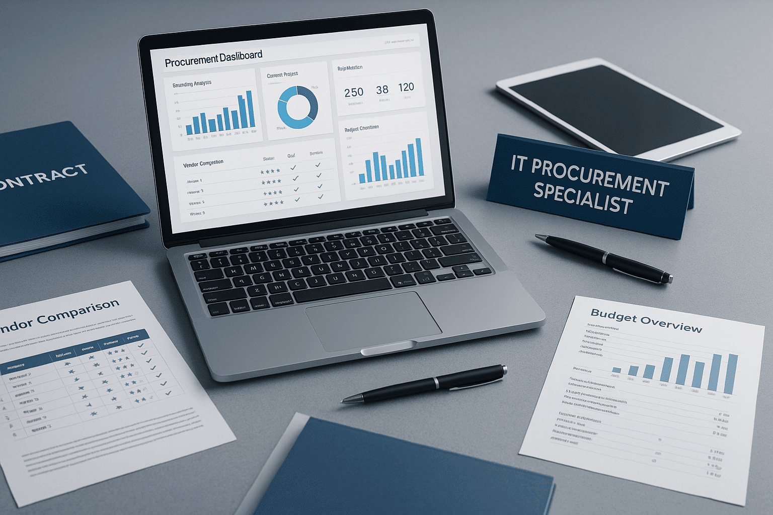A modern workspace with IT procurement tools, vendor documents, budgeting sheets, and a laptop representing an IT procurement specialist environment.