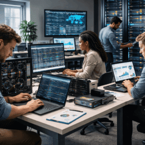 IT Support Technician Diploma Level 8 learners troubleshooting systems, networks, and security in a modern IT environment