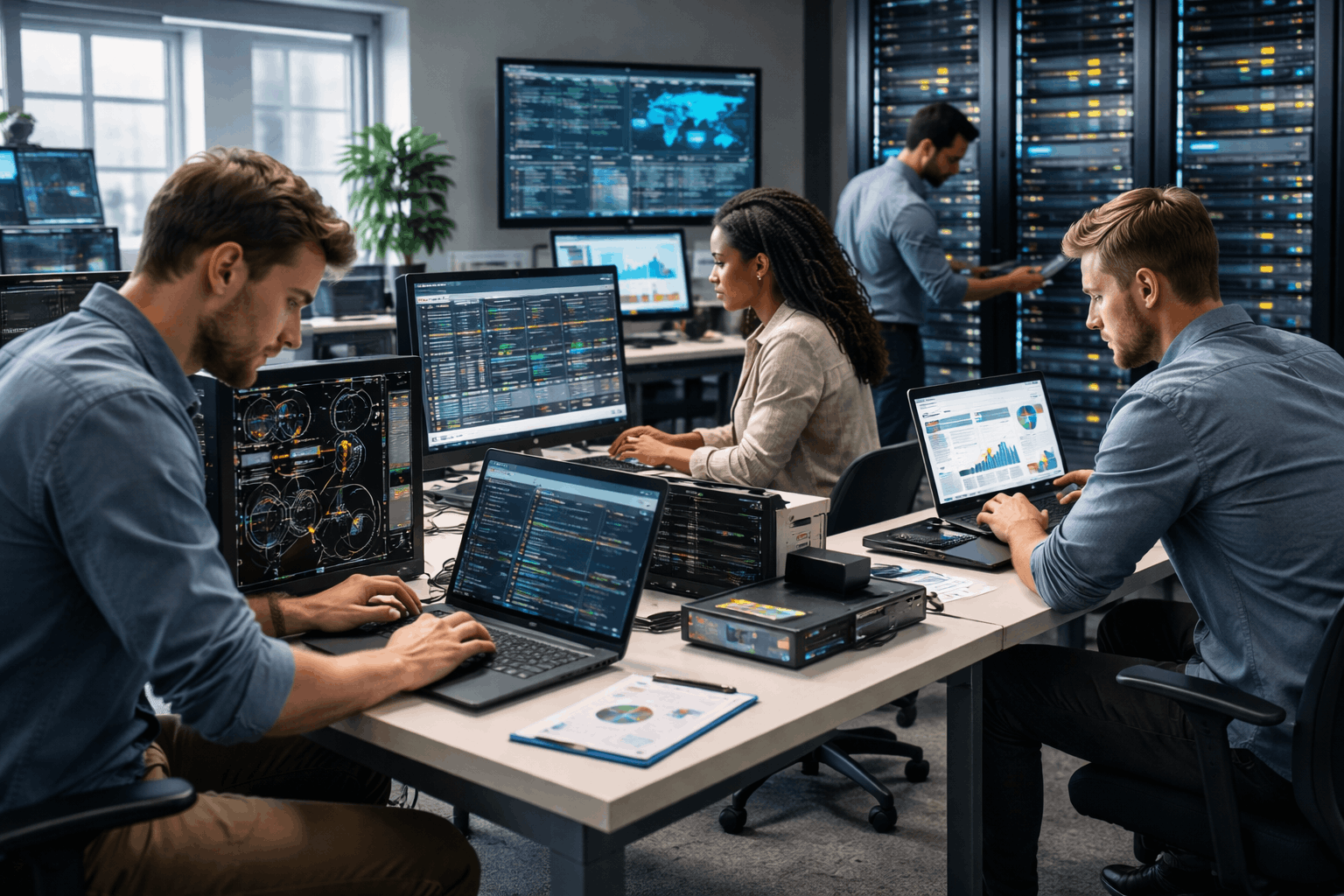 IT Support Technician Diploma Level 8 learners troubleshooting systems, networks, and security in a modern IT environment