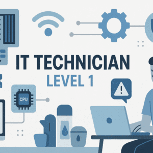 IT Technician Training Level 1 banner featuring computer hardware, tools, networking icons, and technical support visuals.